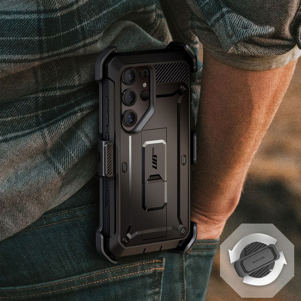 Etui pancerne z osłoną na ekran, z wbudowaną podstawką i kaburą z klipsem obrotowym Supcase Unicorn Beetle Pro do Galaxy S25 Ultra, czarne